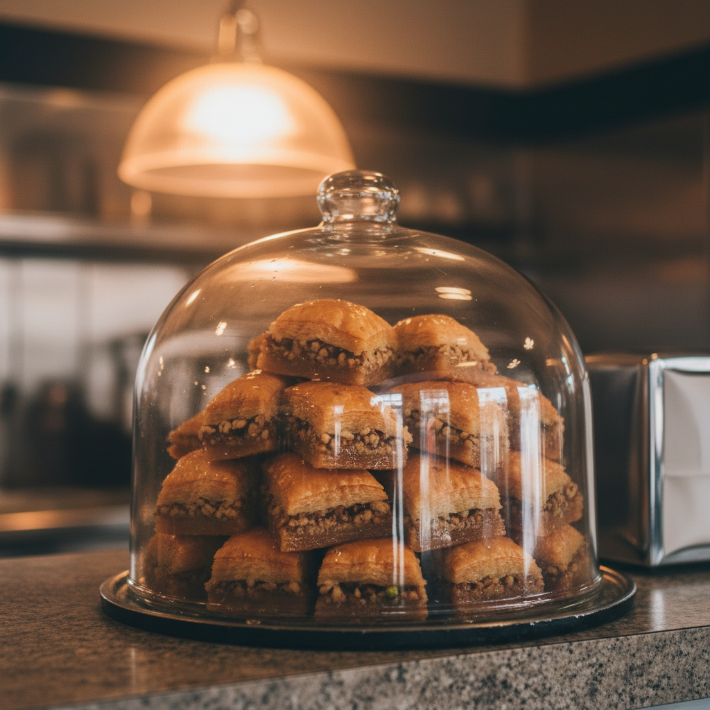 Baklava in a glass cake dome on the counter