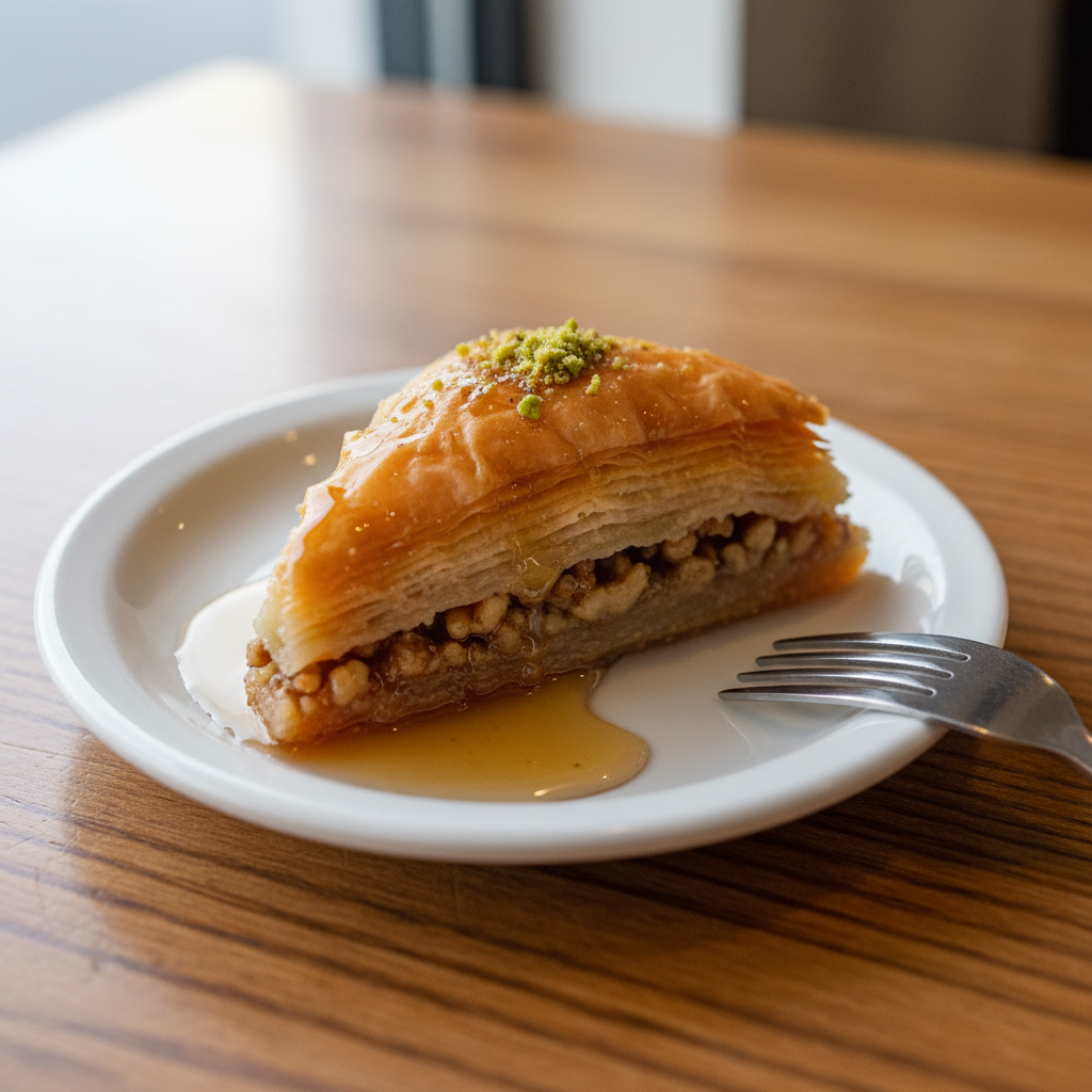 A diamond-cut piece of baklava with honey and pistachio on a plate