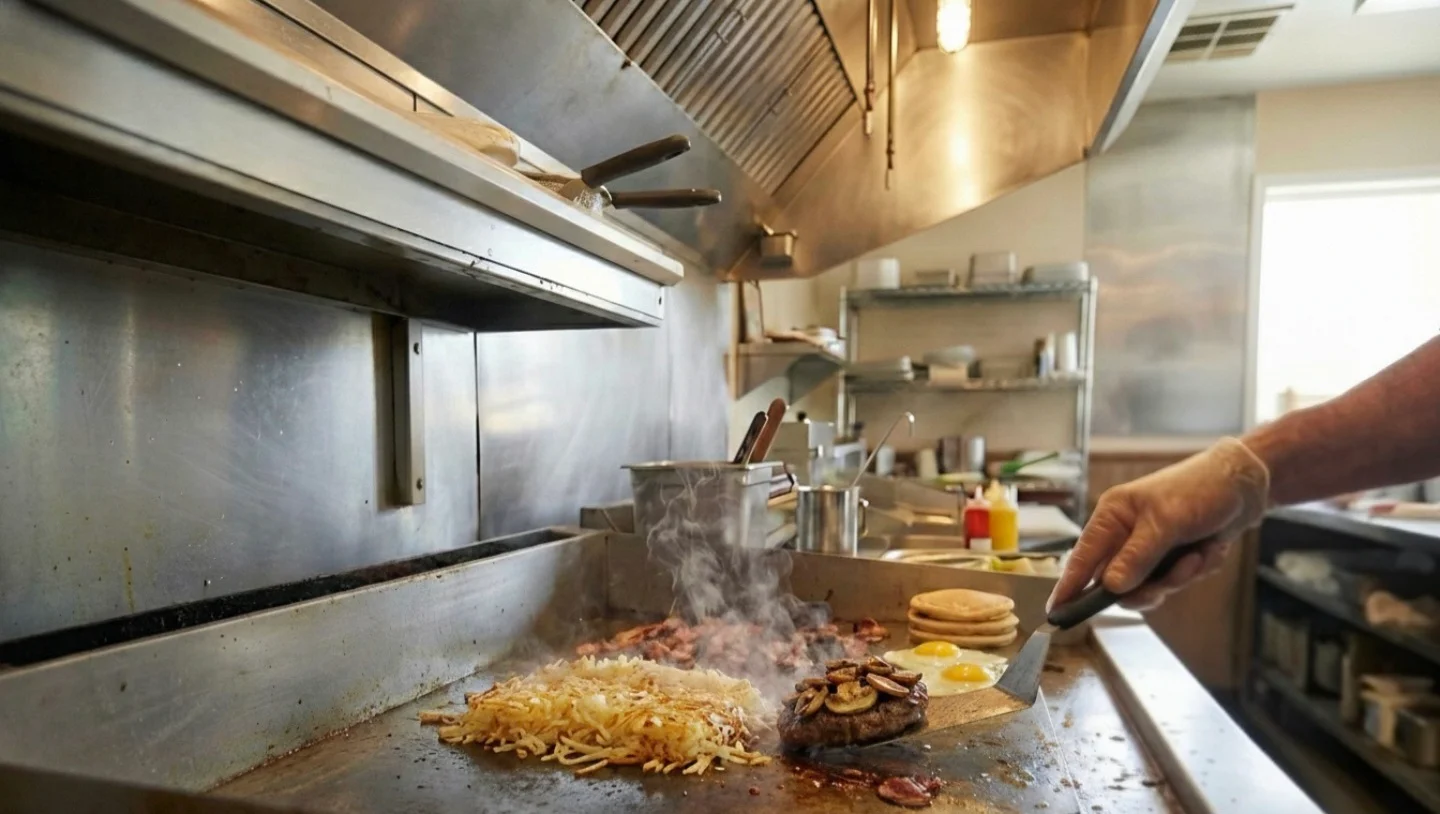 The flat-top at Christo's mid-service: bacon, eggs, hash browns, pancakes, a smashed burger
